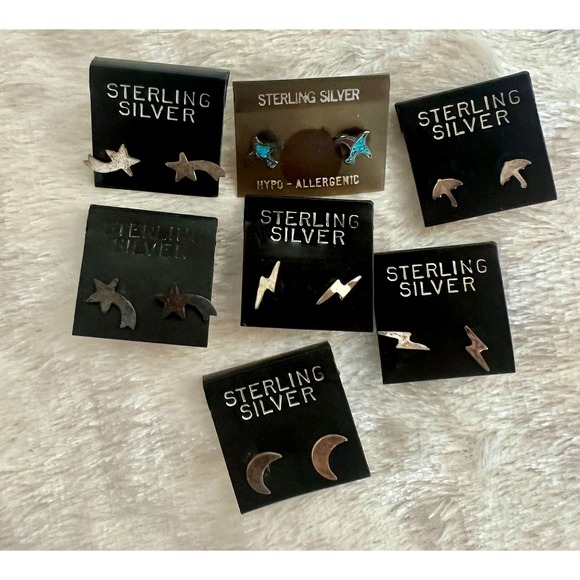 Jewelry - Lot Sterling Silver Stud Earrings Tiny Lightning Bolt Moon Star Rain Turquoise